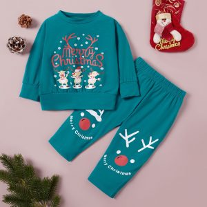 set pentru bebe format din bluza si pantaloni cu tematica de craciun