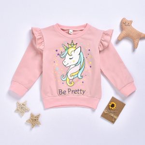bluza roz cu volane la umeri si imprimeu unicorn pentru fete